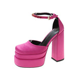 Summer Super High Heel Rhinestone Waterproof Platform Satin Square Toe Women Sandals Mart Lion Rosy Red 34 
