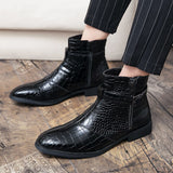 Men's Ankle Boots PU Solid Color Classic Casual Banquet Everyday Retro Crocodile Pattern Buckle Shoes Mart Lion   