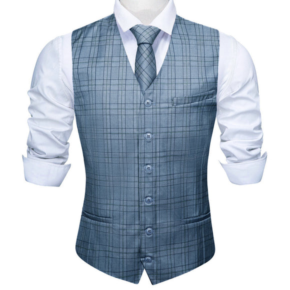 Silk Men's Vest Blue Plaid Pink Black Brown V-Neck Waistcoat Tie Handkerchief Cufflinks Set Wedding Barry Wang Mart Lion   