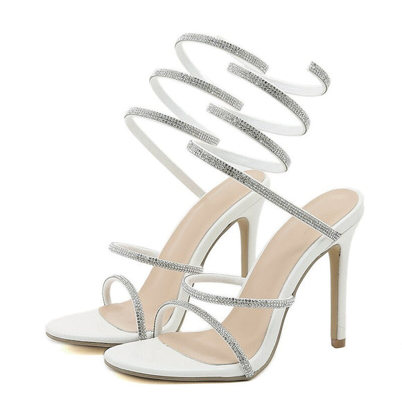 Liyke White Sandals For Women Summer Design Crystal Rhinestone Snake Shape Surround Ankle Strap High Heels Shoes Mart Lion White 35 