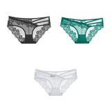 3pcs Lace Underwear For Women Low Waist Briefs Female Transparent Mesh Ladies Solid Panties Mart Lion black-green-white M China|3PCS