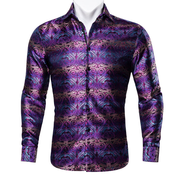 Barry.Wang 4XL Luxury Purple Paisley Silk Shirts Men Long Sleeve Casual Flower Shirts For Men Designer Fit Dress Shirt BY-0057 Mart Lion   
