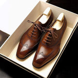 Classic Brogues Men's Shoes Brown Black Square Head Carved Oxford Lace-up Red Sole Dress Mart Lion   