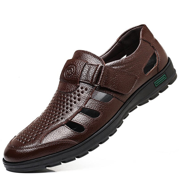 Men's Genuine Leather Sandals Summer Hollow Breathable Leather Shoes Casual Soft Flats Mart Lion Brown 38 China