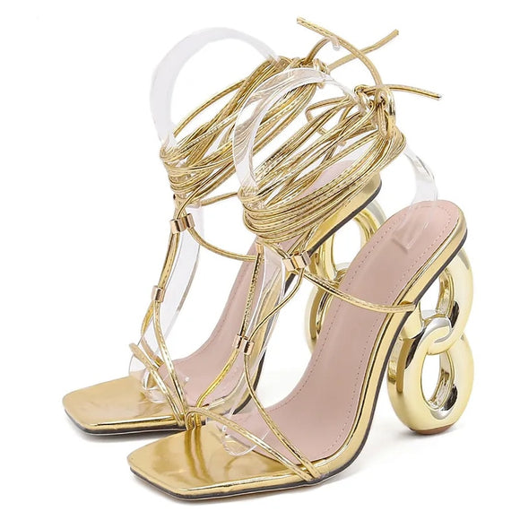 Liyke Summer Hollow Out Strange High Heels Sandals Women Gladiator Open Toe Lace Up Party Dress Shoes Mart Lion Golden 35 