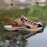 Summer Men's Sandals Genuine Leather Slides Breathable Rome Male Outdoor Beach Slippers Soft Men's Beach Mart Lion   