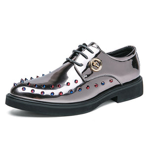 Rivet Men's Shoes Mirror Upper Dress Split Leather Footwear Lace Up Oxfords Mart Lion Silver 38 