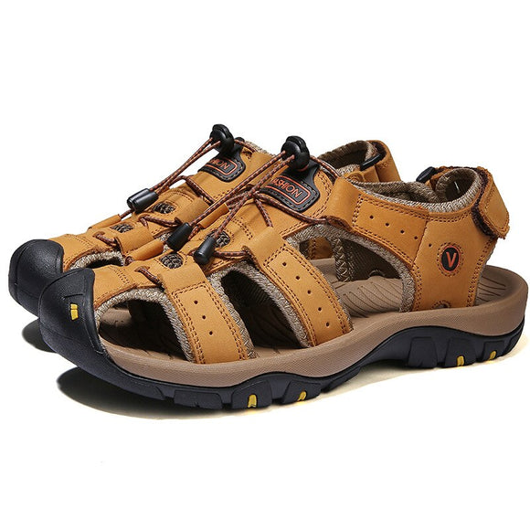 Flat Sandals Men's Shoes Summer Handmade Genuine Leather Outdoor Sports Baotou Casual Beach Mart Lion Light Brown 38 