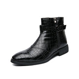 Men's Ankle Boots PU Solid Color Classic Casual Banquet Everyday Retro Crocodile Pattern Buckle Shoes Mart Lion Black 38 