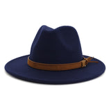 Fedora Hat Men's Women Brown Leather Belt Decoration Felt Hats Autumn Winter Imitation Woolen For Women British Style Felt Hat Mart Lion Dark blue 56-58cm 