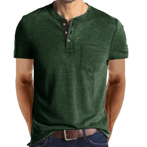 Summer Henley Collar T-Shirts Men's Short Sleeve Casual Tops Tee Solid Cotton Mart Lion green S 60-70kg 