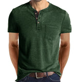 Summer Henley Collar T-Shirts Men's Short Sleeve Casual Tops Tee Solid Cotton Mart Lion green S 60-70kg 