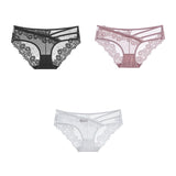 3pcs Lace Underwear For Women Low Waist Briefs Female Transparent Mesh Ladies Solid Panties Mart Lion black-pink-white M China|3PCS