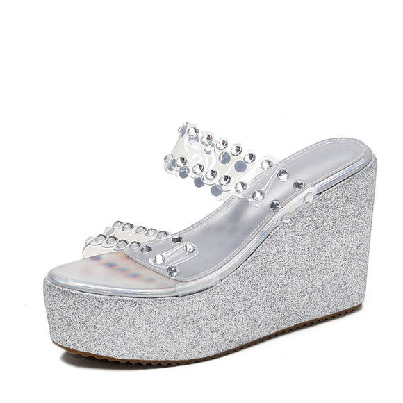 Liyke Sequined Thick Bottom Wedges Shoes Women Open Toe High Heels Platform Slippers Crystal PVC Transparent Sandals Mart Lion   
