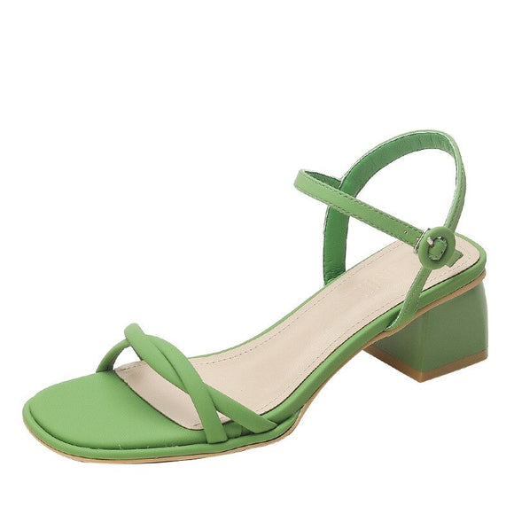 Summer Square Toe Buckle Thick Heels Women Sandals 4.5cm Mid Heel Shoes French Elegance Ladies Footwear Thin Strap Mart Lion Light Green 34 