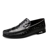 Men's Casual Shoes Genuine Leather Crocodile pattern cowhide Breathable Shoes Slip On soft Moccasins Mart Lion black 38--24cm 