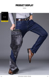 Winter Men Fleece Warm Jeans Classic Style Casual Thicken Regular Fit Denim Pants Black Blue Trousers Mart Lion   