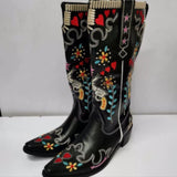 autumn Embroider Women Boots Thick heel Embroidery High cylinder Western Cowboy Pointed Color matching Mart Lion Black 36 