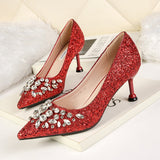 Shoes for Women Korean Fashionable Pointed Toe Low-Cut High Heels Nightclubs Thinner Sequined Women&#39;s Shoes Stiletto Rhinestone  MartLion