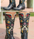 autumn Embroider Women Boots Thick heel Embroidery High cylinder Western Cowboy Pointed Color matching Mart Lion   
