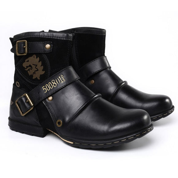 Spring Autumn Round Head Retro Metal Buckle Side Zipper Brown Cowboy Boots Shoes Men's Ankle Mart Lion Black 39 