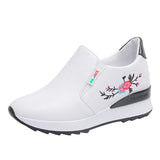 Leather White Shoes for Women Height Increasing Insole Thick Bottom Versatile Slip-on Casual Breath Mesh Mart Lion White 34 
