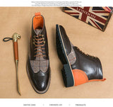 Brown Men's Short Boots Lace-up SquareToe Ankle Strap Gingham Handmade Ankle Cowboy Mart Lion   