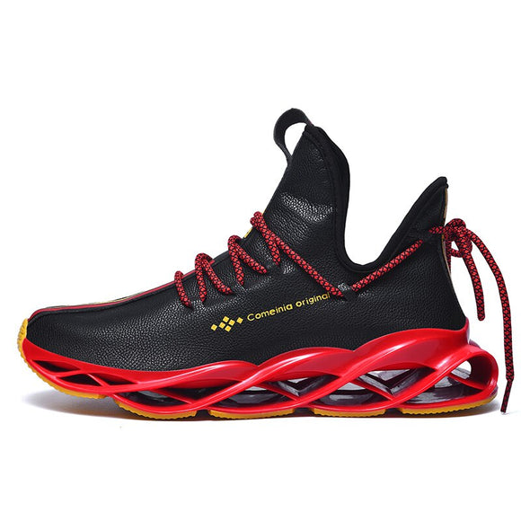 Men's Running Shoes Waterproof Leather Sneakers Unique Blade Sole Cushioning Outdoor Athletic Jogging Sport Mart Lion 007black red 5.5 