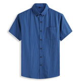 Short Sleeve Men's Pure Cotton Summer Plaid Men's Shirts Formal Casual Slim Fit  Loose Mart Lion Blue M-175 