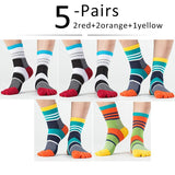 5 Pairs Lot Men's Summer Cotton Toe Socks Striped Contrast Colorful Patchwork Five Finger Basket Calcetines Mart Lion 2red2orange1yellow  
