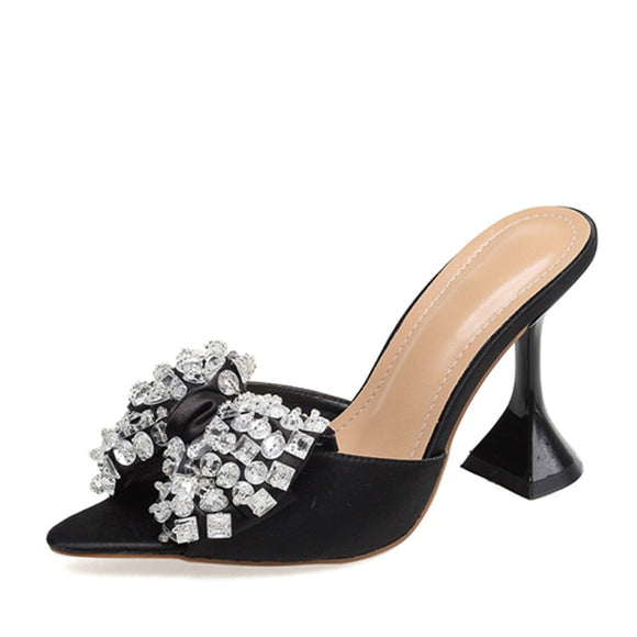 Liyke Pointed Toe 11CM Strange High Heels Slippers Women Crystal Bowknot Satin Summer Sandal Shoes Mule Slides Mart Lion - Mart Lion