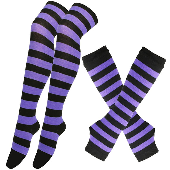 Striped Over Knee High Socks Set For Women Girls Stocking Arm Sleeve Long Christmas Thick Gloves Warm Knee Mart Lion 15  