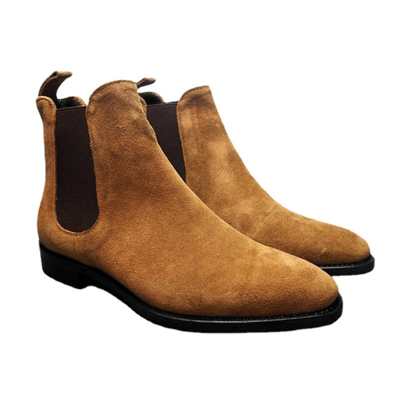 British Style Chelsea Boots Men Shoes Classic Casual Party Street Daily Classic Slip-On Faux Suede Solid Ankle Mart Lion Brown 38 