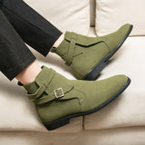 Winter Boots Men Handmade Ankle High Faux Suede Leather Dress Formal Buckle Design Chelsea Mart Lion green 38 