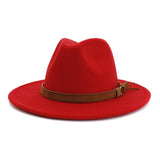 Fedora Hat Men's Women Brown Leather Belt Decoration Felt Hats Autumn Winter Imitation Woolen For Women British Style Felt Hat Mart Lion Red 56-58cm 