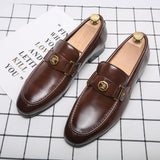 Men's Loafers Blue Brown Metal Decoration Classic Slip-on Dress Shoes with Mart Lion   