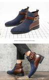 Men's Short Boots Buckle Strap Mixed Colors Blue Brown Shoes Handmade Ankle Mart Lion   