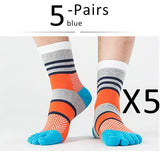 5 Pairs Lot Men's Summer Cotton Toe Socks Striped Contrast Colorful Patchwork Five Finger Basket Calcetines Mart Lion blue  