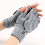 Wool Knitted Fingerless Flip Gloves Winter Warm Flexible Touchscreen Gloves Men Women Unisex Exposed Finger Mittens Glove Mart Lion Light Grey  