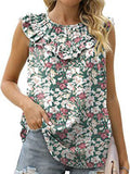Women Summer New Vest Sleeveless Chiffon Shirt Casual Vintage O-neck Ruffles Folds Elegant Women Blouses Tank Top Mart Lion Green S 