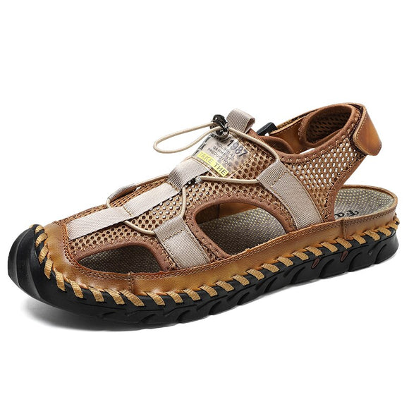 Cowhide Men's Casual Beach Sandals Breathable Mesh Outdoor Summer Water Sport Sneakers Trekking Hiking Swimming Shoes Mart Lion A-Yellow Brown 8 