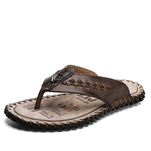 Summer Men's Flip-Flop Luxury Genuine Leather Flat Bottom Slippers Mart Lion Auburn 38 