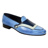Men Loafers Shoes Beige Blue Leather Handmade Shoes Designer - MartLion