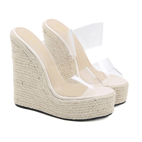  Summer PVC Transparent Peep Toe Cane Straw Weave Platform Wedges Slippers Sandals Women Clear High Heels Female Shoes Mart Lion - Mart Lion
