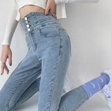 Skinny Pencil Jeans Four Buttons Vintage High Waist Women Slim Stretch Denim Pants Tight Trousers Mart Lion Light Blue 4 Buttons XS CN