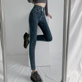  Skinny Pencil Jeans Four Buttons Vintage High Waist Women Slim Stretch Denim Pants Tight Trousers Mart Lion - Mart Lion