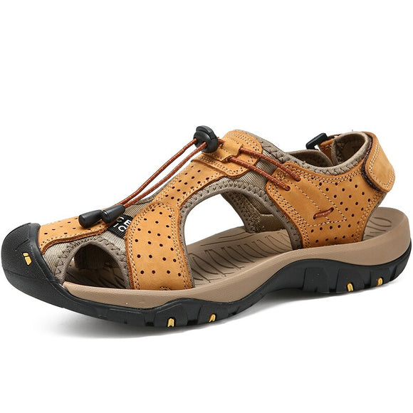 Men's Leather Sandals Summer Wrap Toe Hiking Roman Genuine Platform Non-slip Trekking Beach Sneakers Mart Lion Yellow 38 