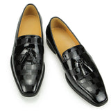 Handmade Men's Black Loafers Dress Shoes Luxury Genuine Casual wedding slip on patent leather Checked grain Mart Lion   