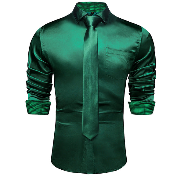 Green Plaid Splicing Contrasting Colors Long Sleeve Shirts For Men's Designer Stretch Satin Tuxedo Clothing Blouses Mart Lion CY2269-N8027 L 