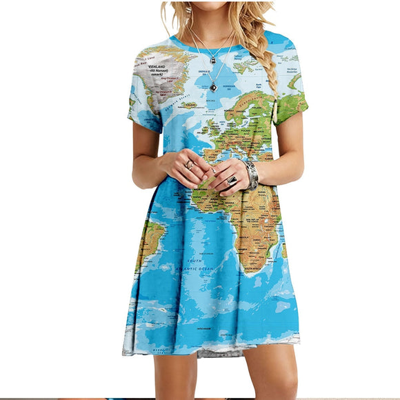  Oversized Summer Casual 3D Printed World Map Print O Neck Short Sleeve Loose Plus Size Dress Mart Lion - Mart Lion